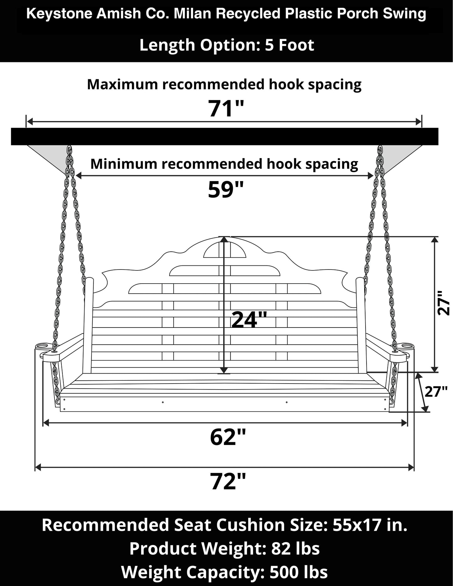 Keystone Amish Co. 5 Foot Milan Recycled Plastic Porch Swing, Tudor Brown