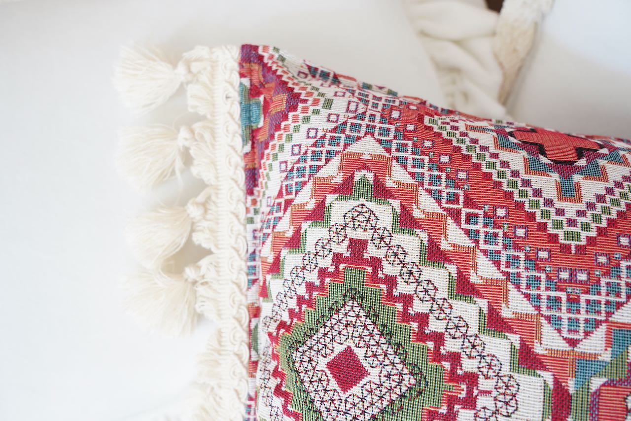 Pink Boho Style Bolster Pillow with Fringe