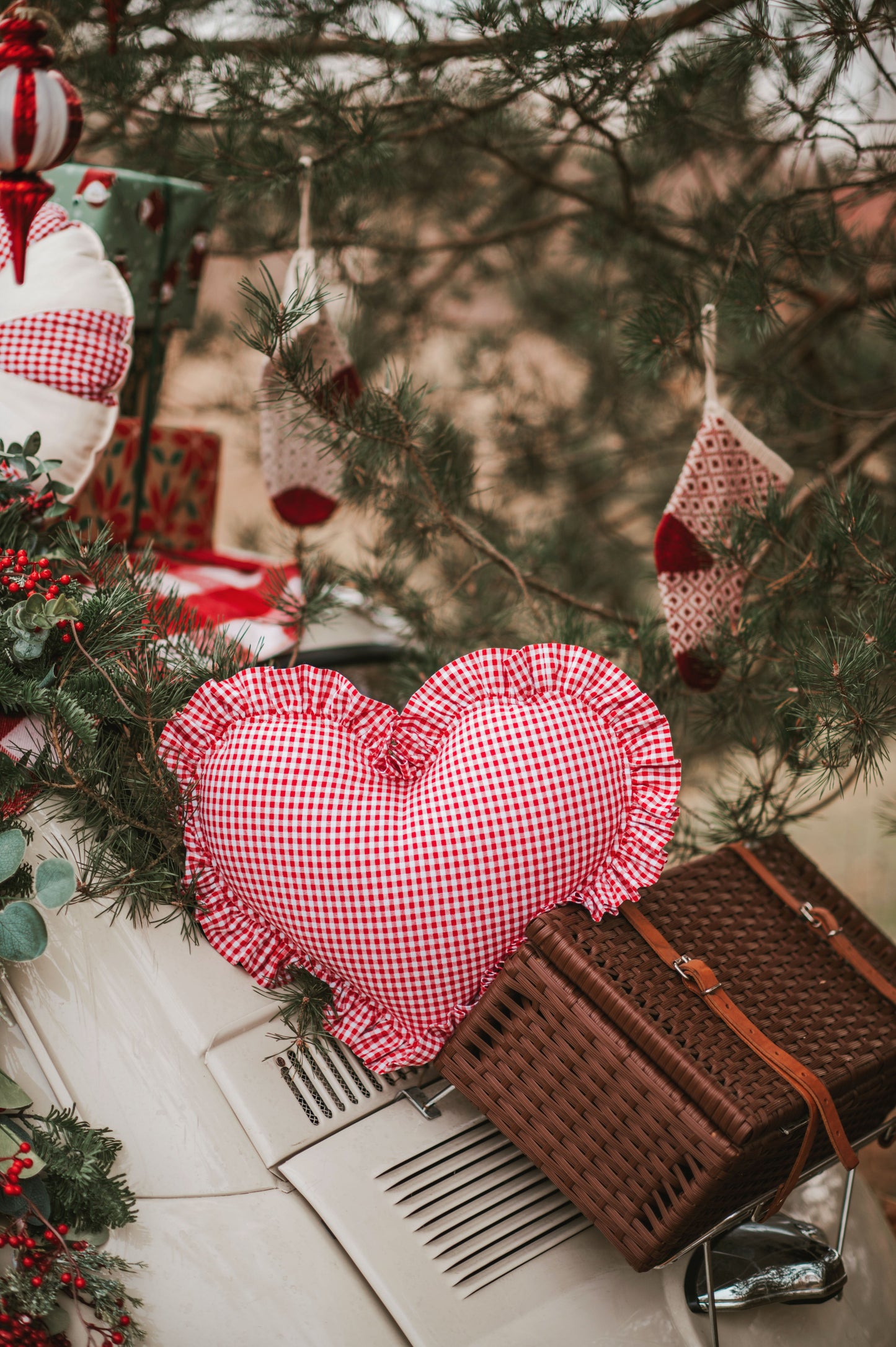 Red Checkered Heart Pillow with Frill