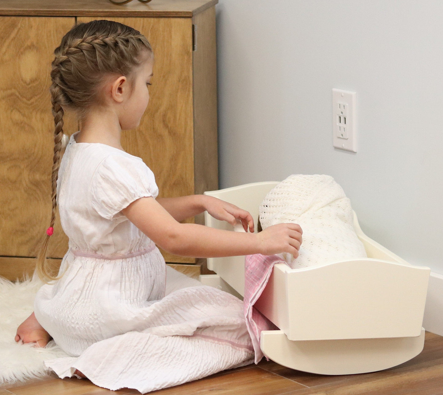 Amish-Made Wooden Rebekah's Collection Doll Cradle with Blanket Set