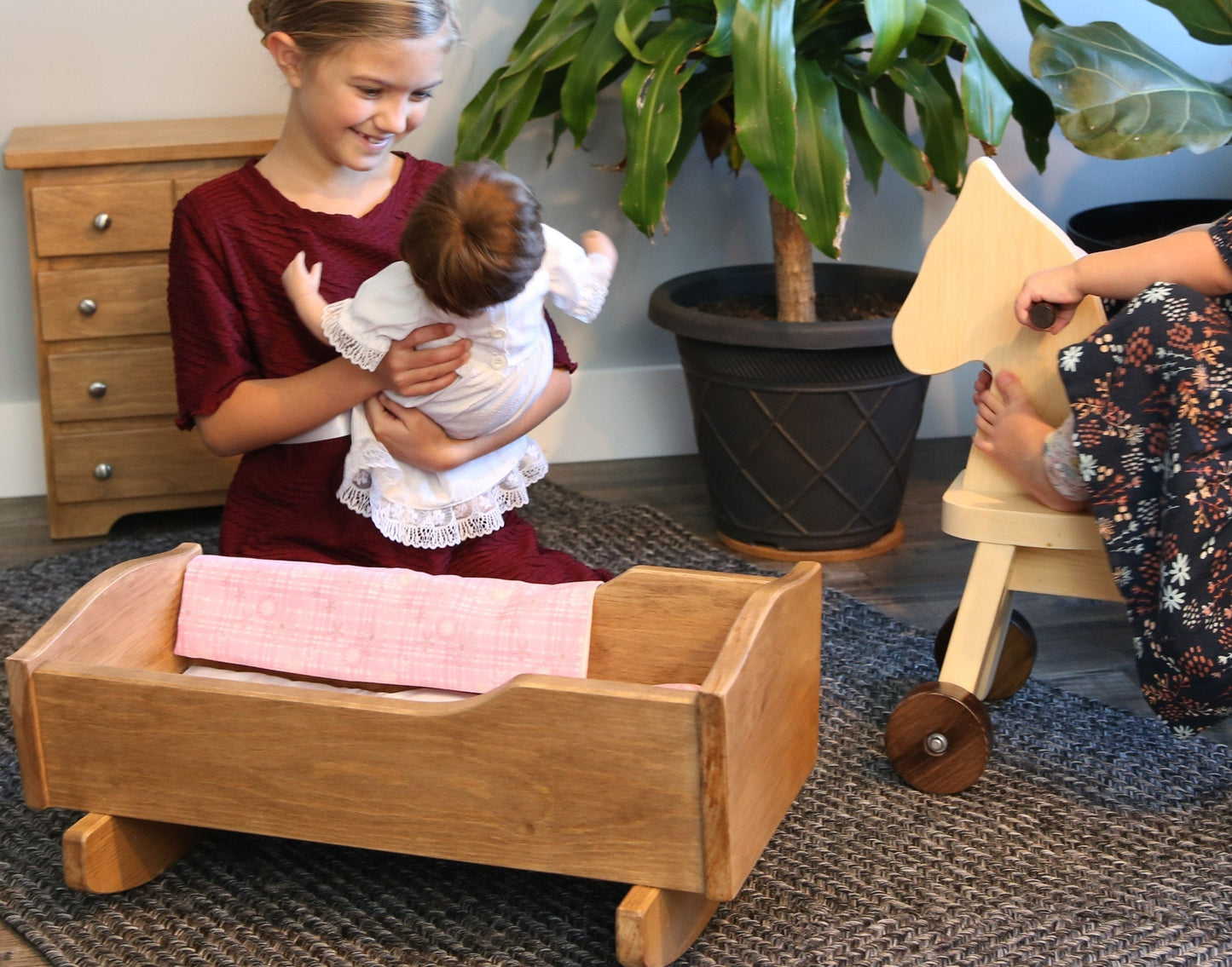 Amish-Made Wooden Rebekah's Collection Doll Cradle with Blanket Set