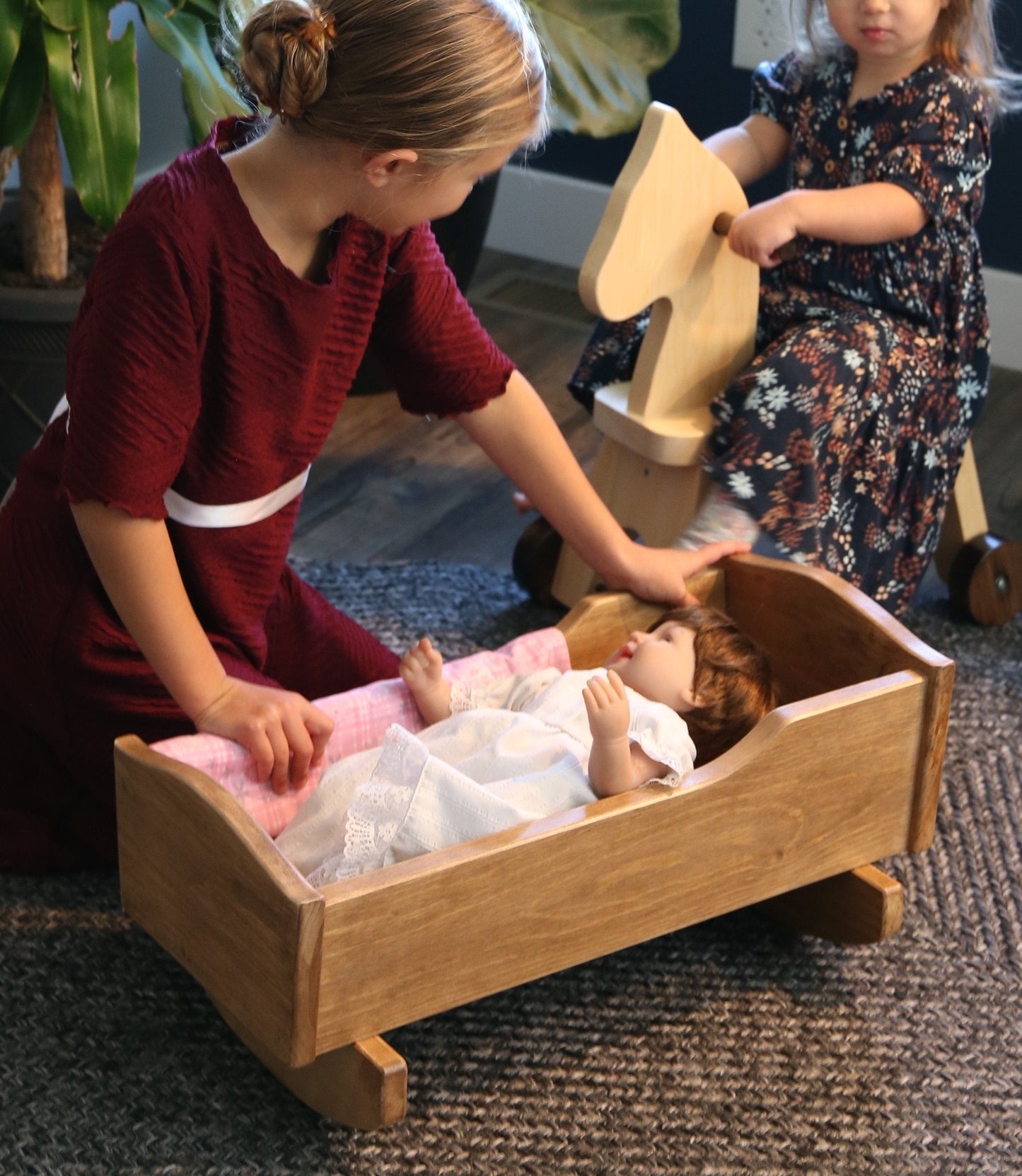 Amish-Made Wooden Rebekah's Collection Doll Cradle with Blanket Set