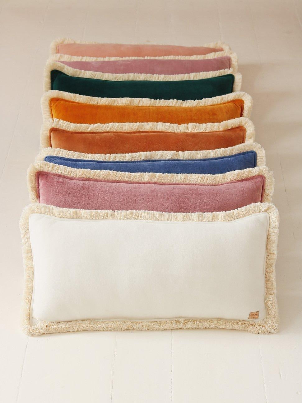 Soft Velvet White Bolster Pillow with Fringe