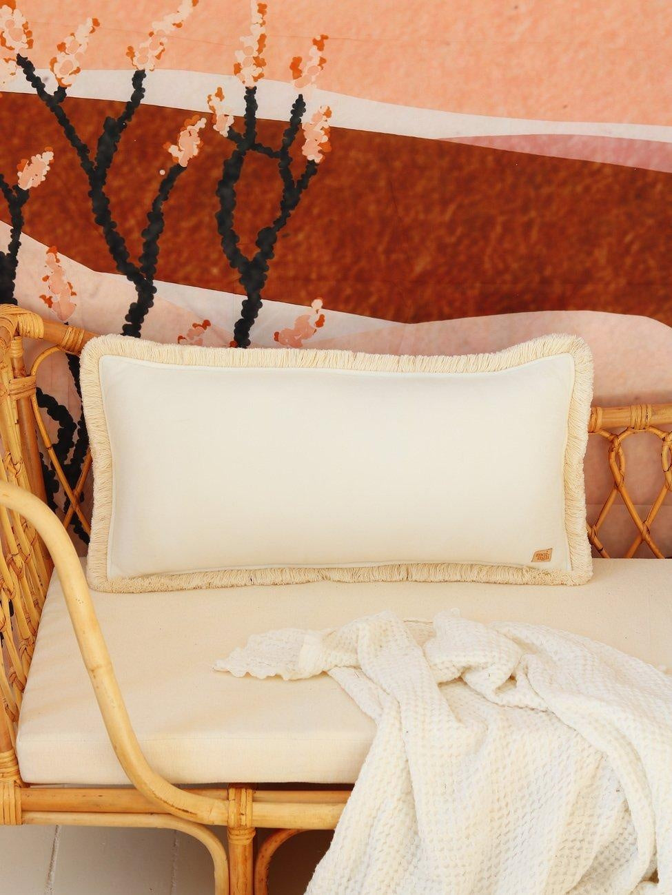 Soft Velvet White Bolster Pillow with Fringe