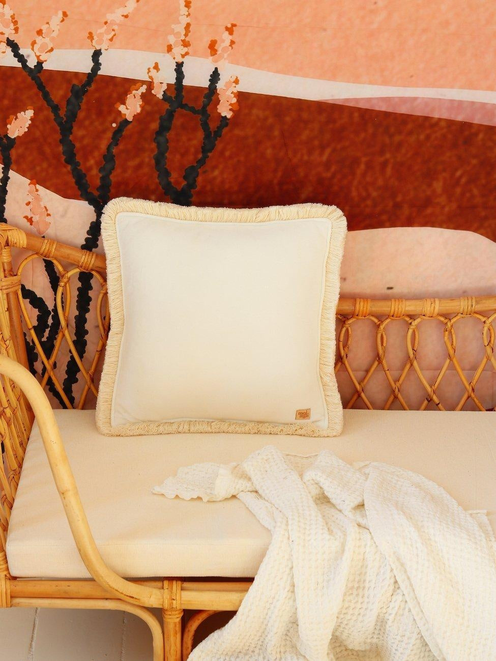 Soft Velvet White Pillow with Fringe