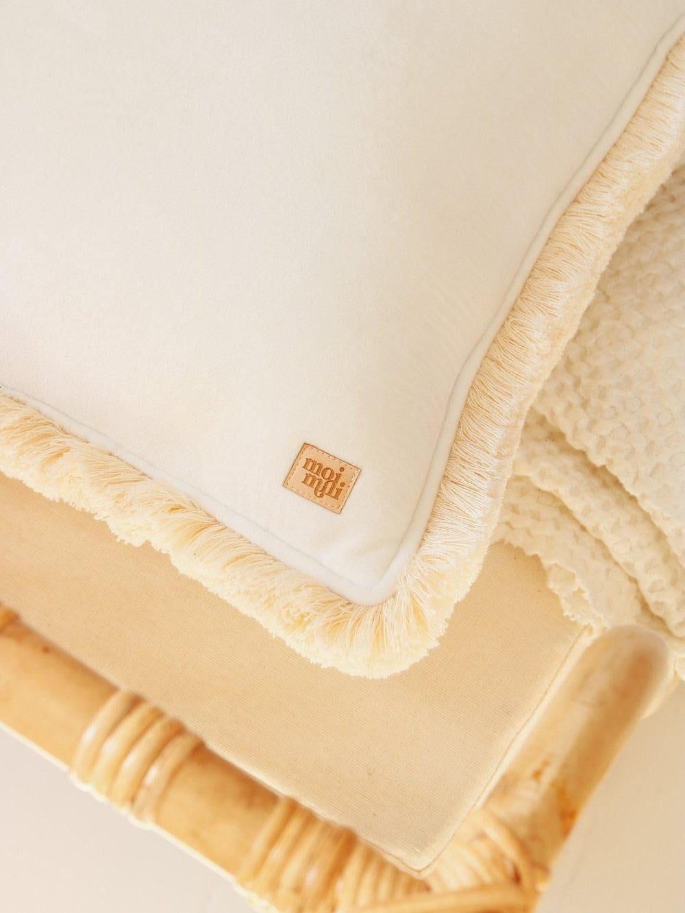 Soft Velvet White Pillow with Fringe