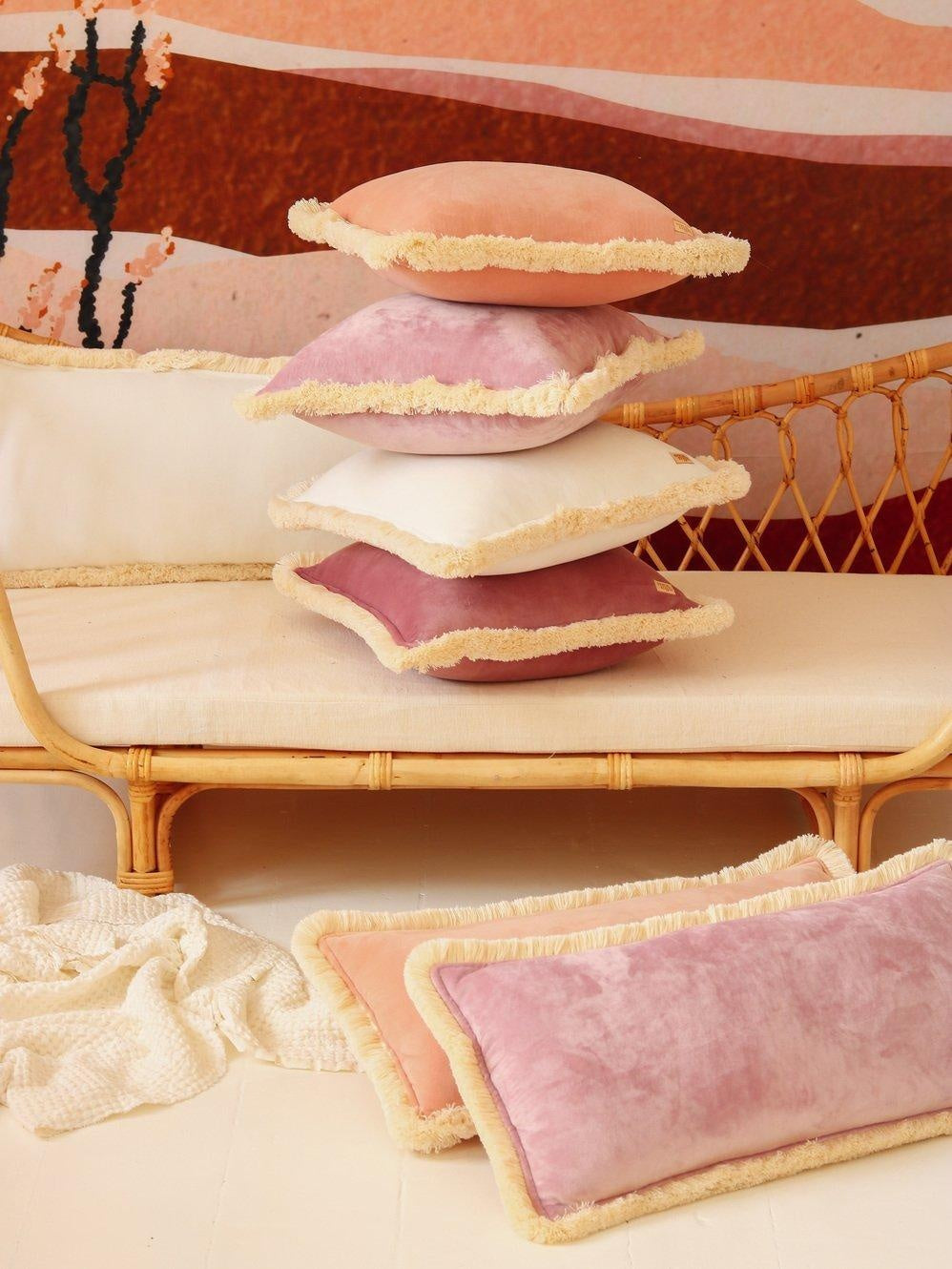 Soft Velvet White Pillow with Fringe