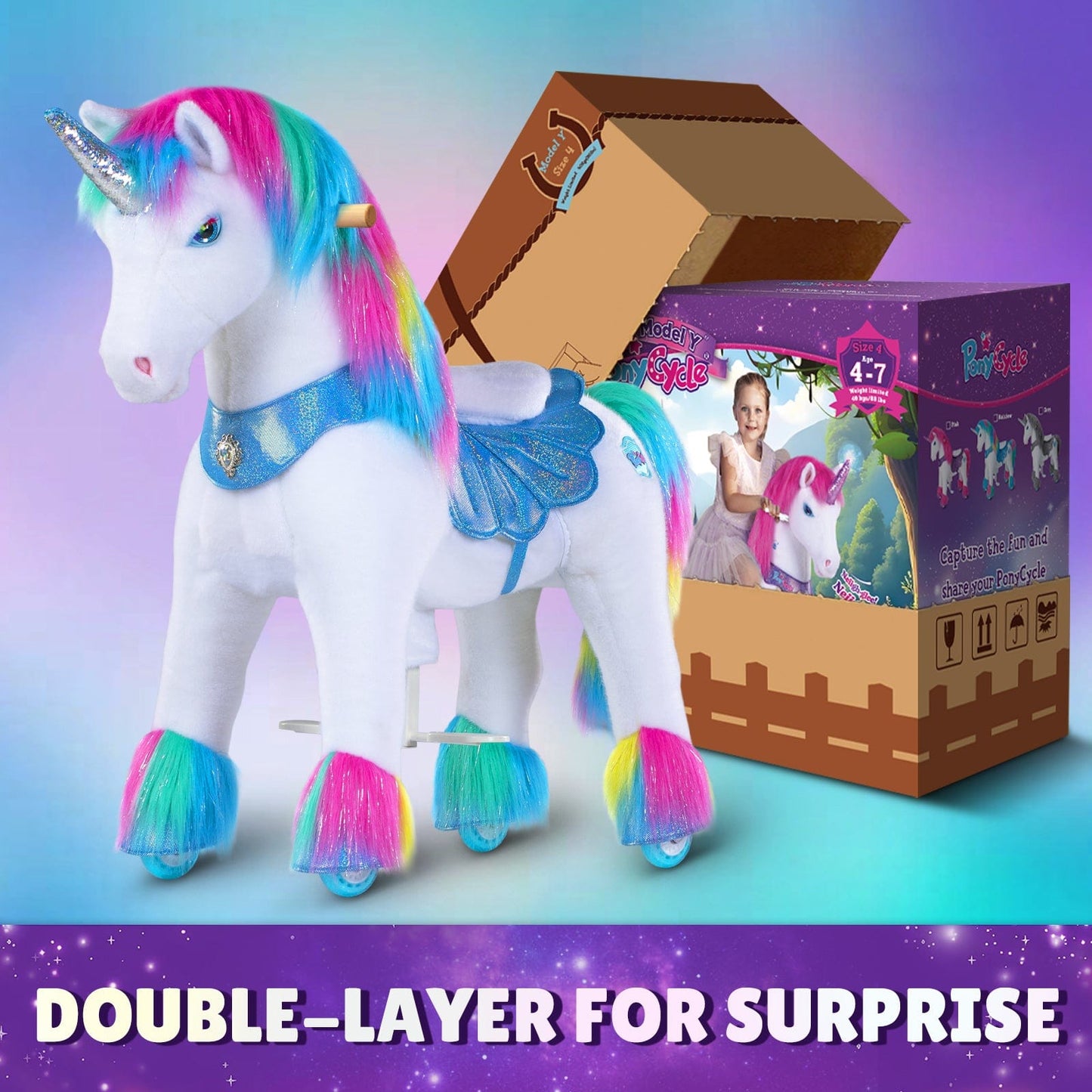 Model Y Rainbow Unicorn Rideable Toy for Age 4-7