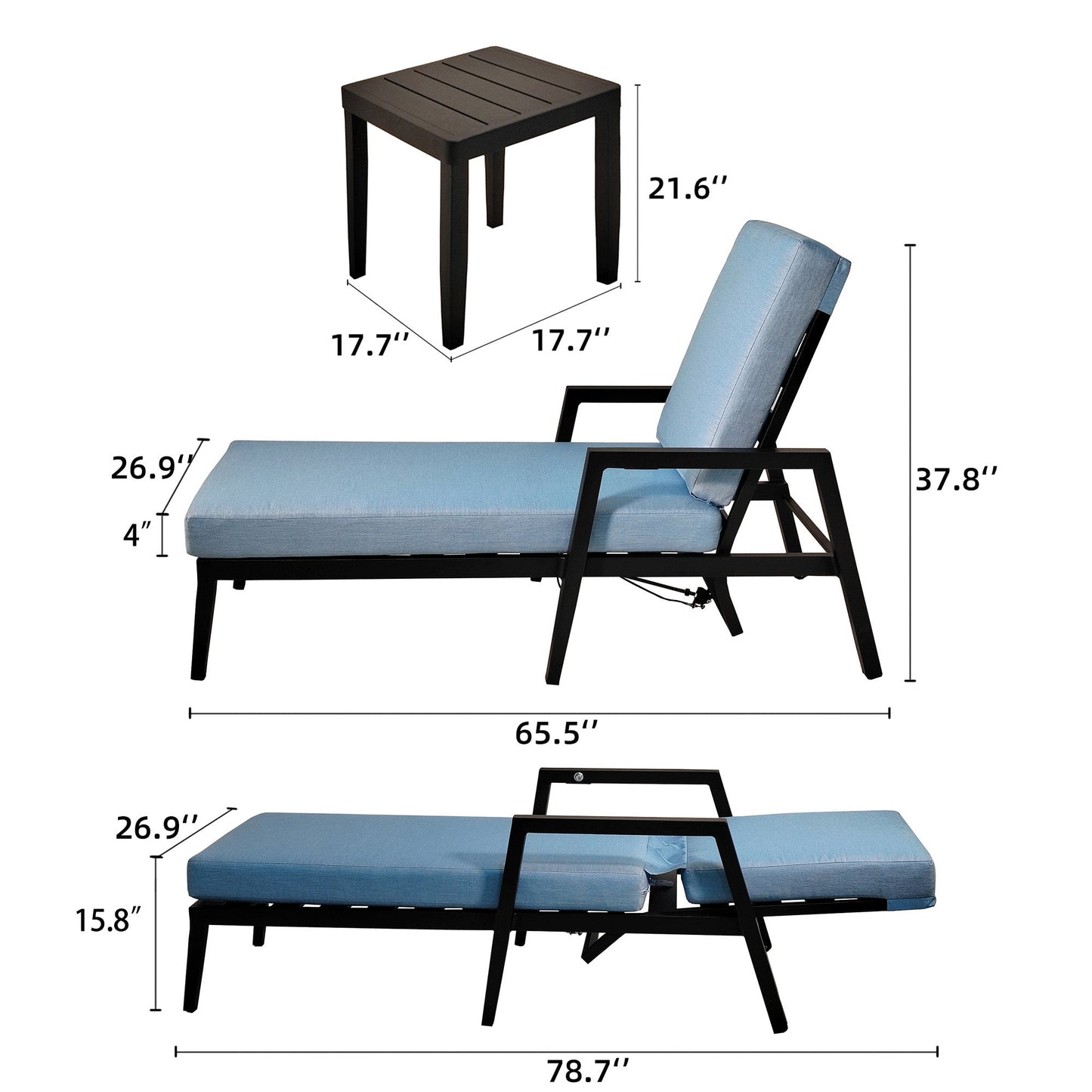 3-Piece Modern Patio Chaise Lounge Set with Plush Cushions, and Adjustable Backrests with Table