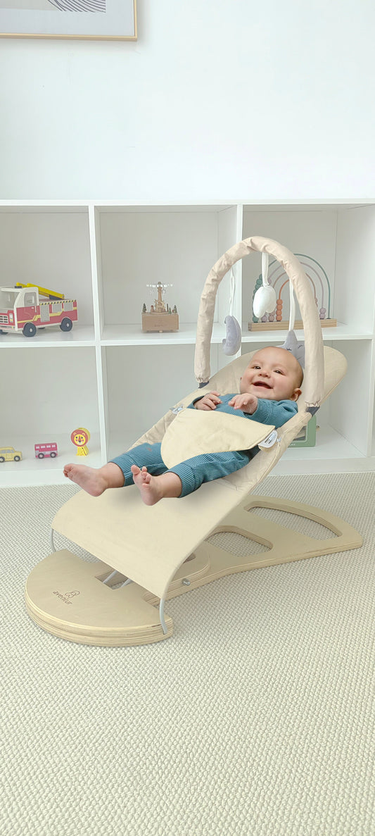 Avenlur Fir Baby Bouncer – Foldable Wooden Baby Rocker with Play Arch