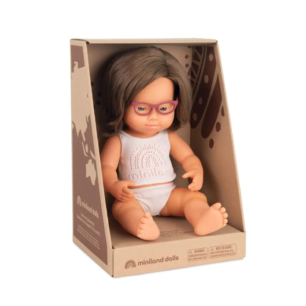 Baby Doll caucasic girl Down Syndr. Glasses 15''