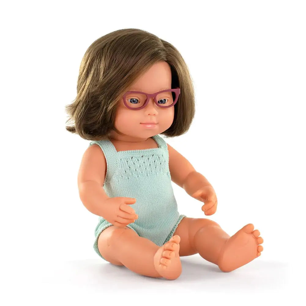 Caucasian girl doll Down Syndrome with Glasses 15" Colourful Edition