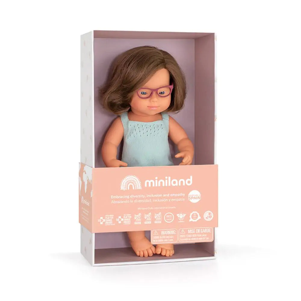 Caucasian girl doll Down Syndrome with Glasses 15" Colourful Edition