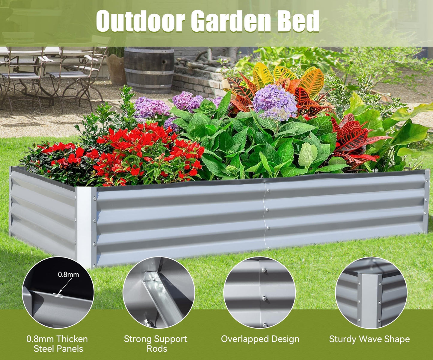 Silver Galvanized Raised Garden Bed - Outdoor Planter Box for Vegetables, Fruits & Flowers