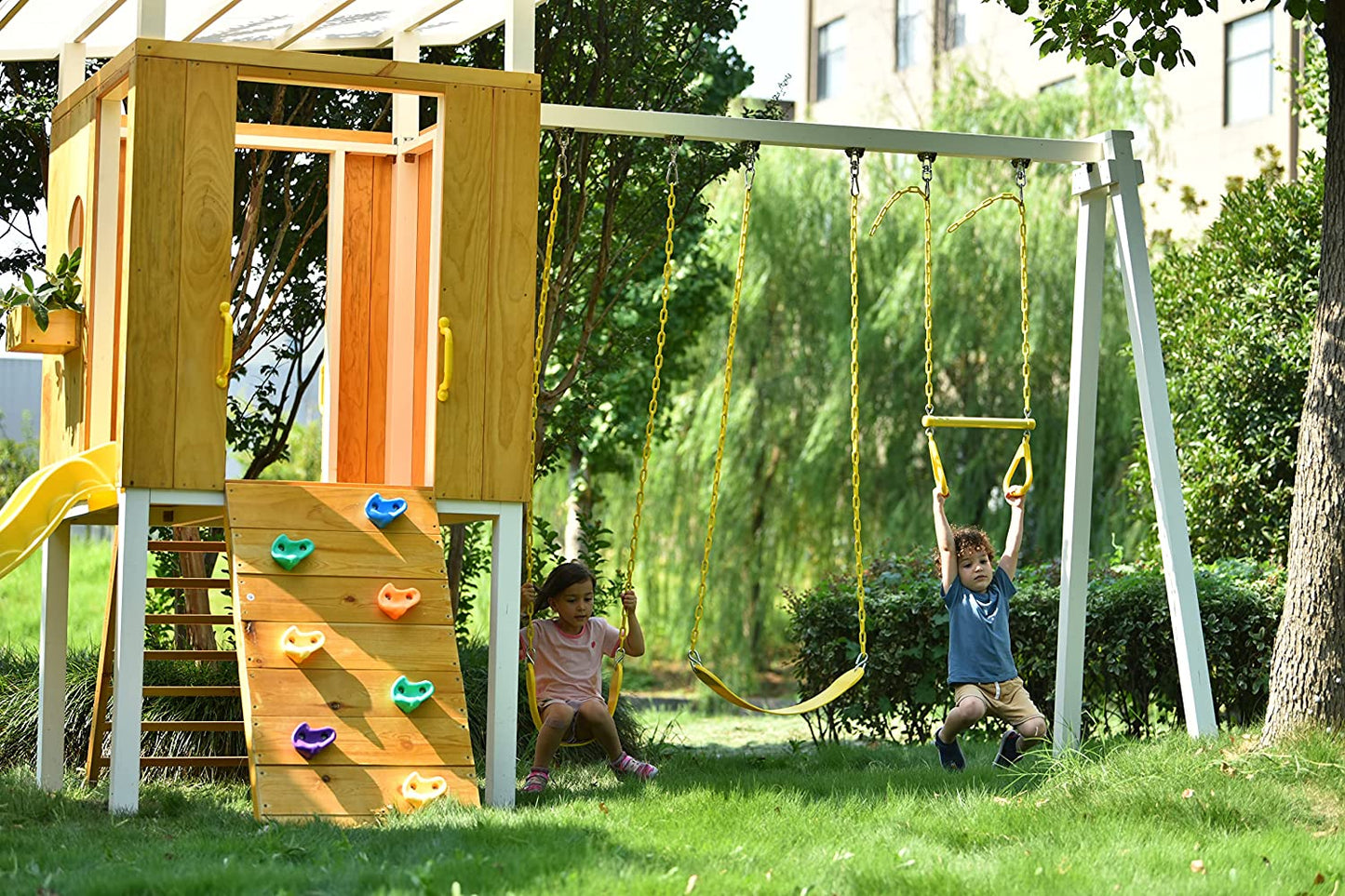 Forest - Modern Backyard Outdoor Swing Set 2 Swings And Trapeze Bar