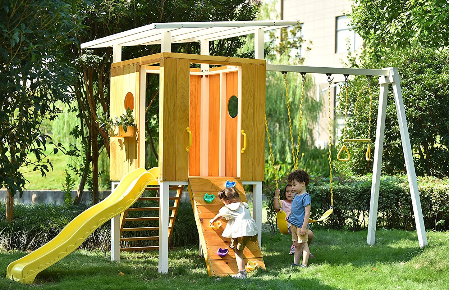 Forest - Modern Backyard Outdoor Swing Set 2 Swings And Trapeze Bar