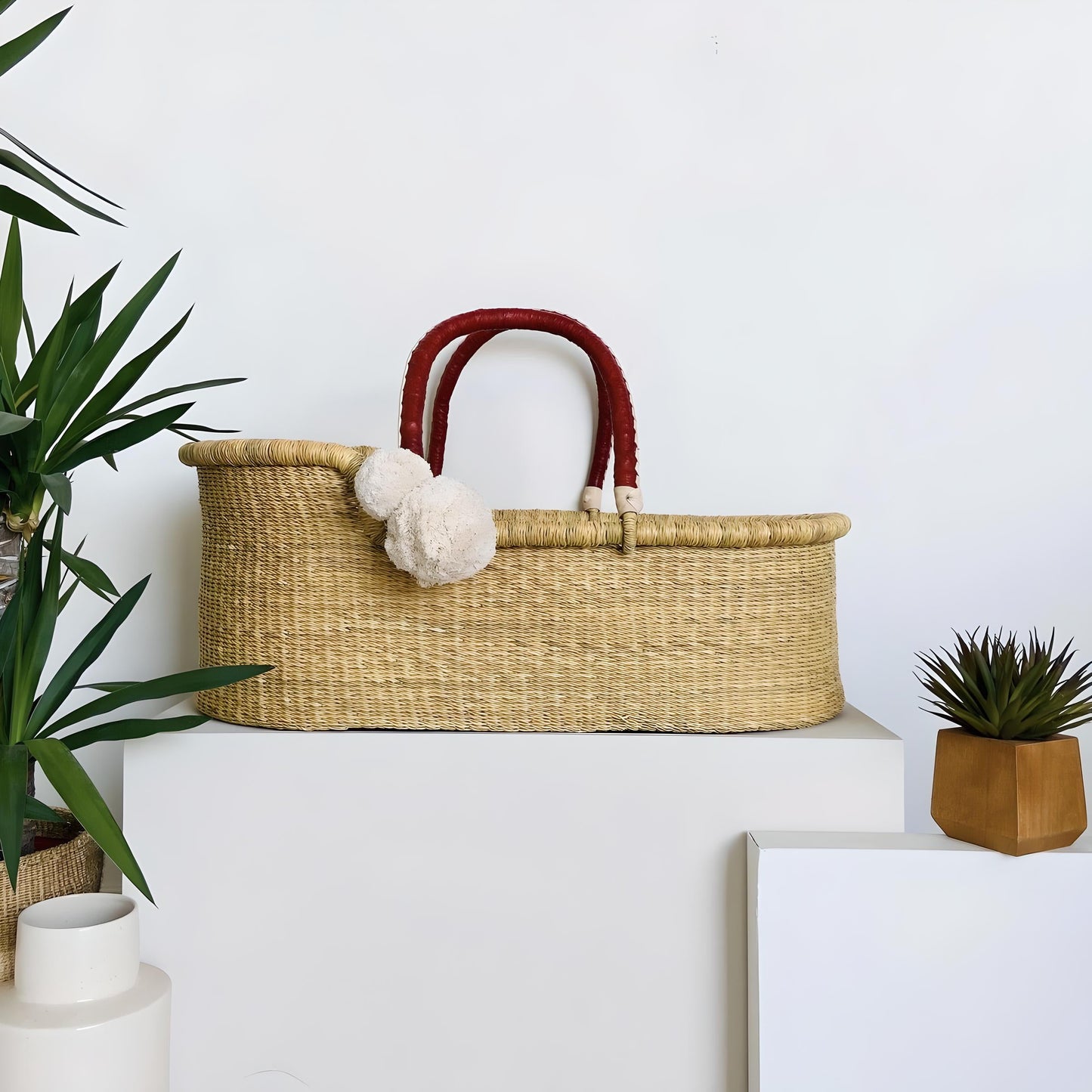 Natural African Moses Basket Cognac + Cream Handle