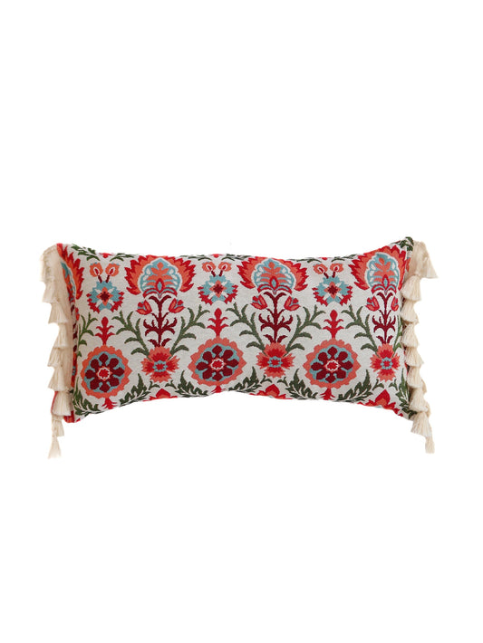 Scarlet Iris in Cancaya Bolster Pillow with Fringe