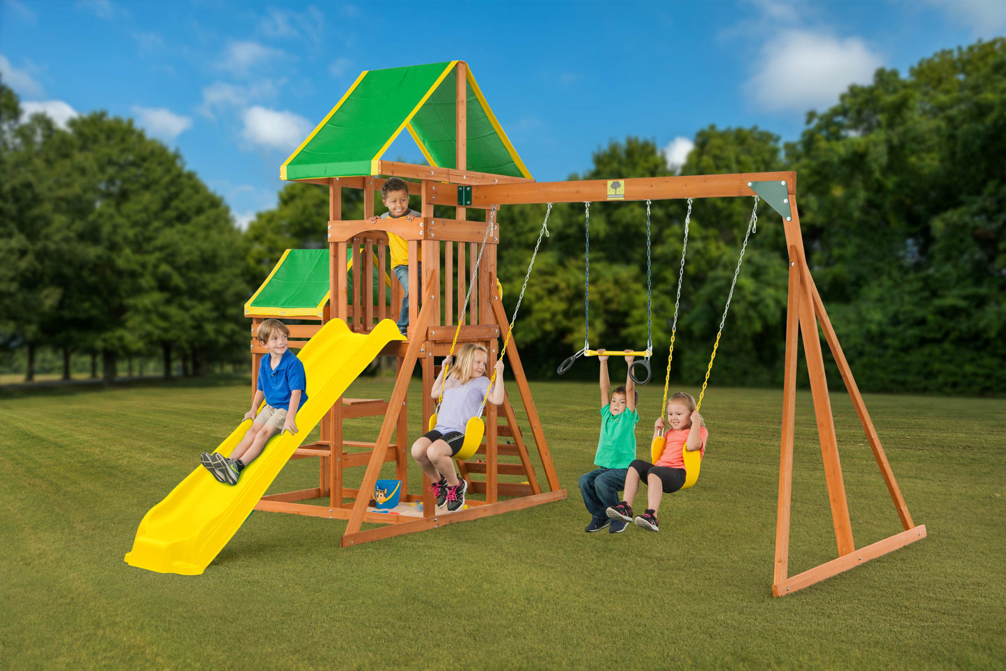 Woodlands Wooden Swing Set With Yellow Slide