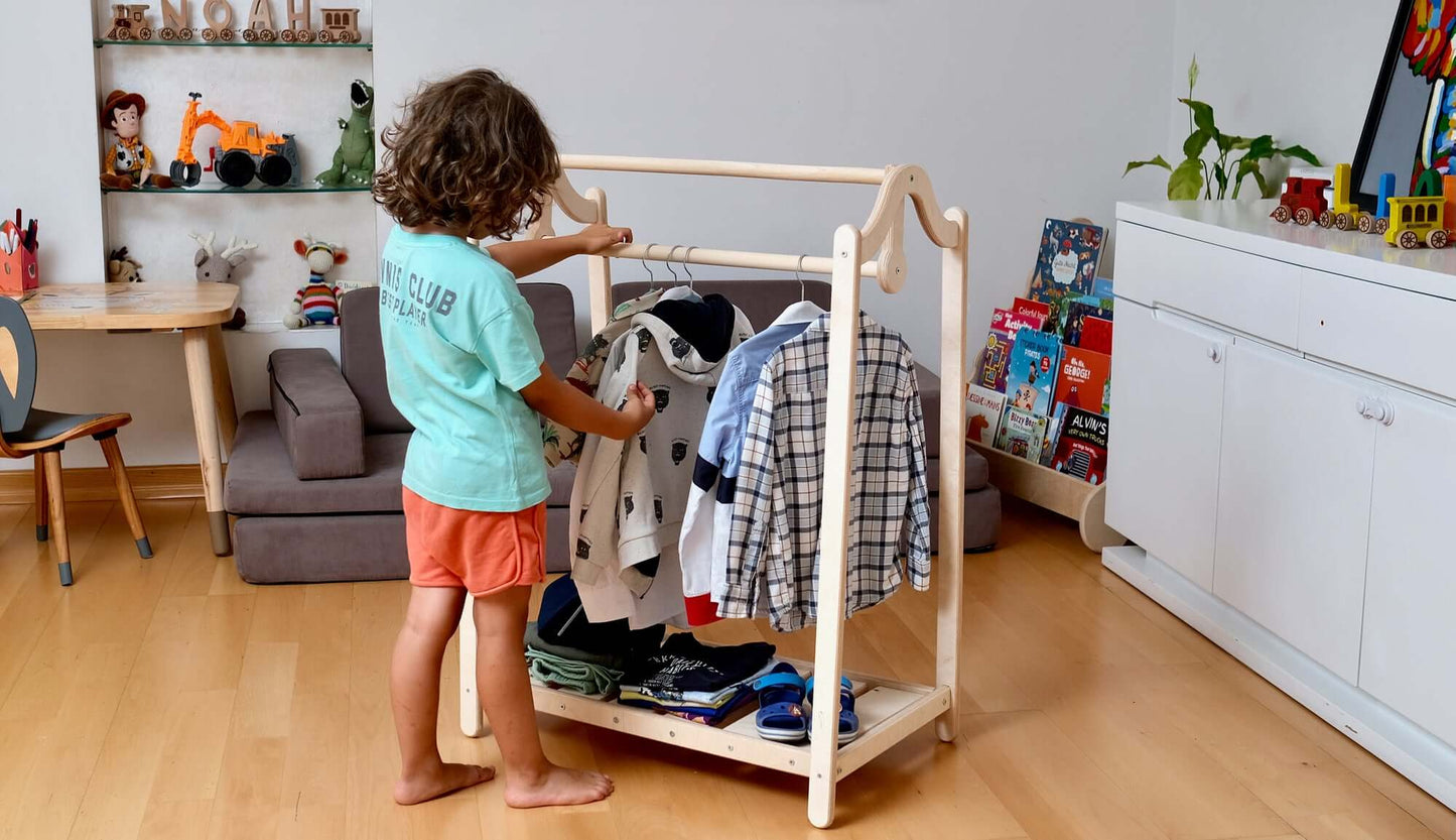 Montessori Wooden Clothes Rack and Wardrobe Set | Child Clothing Organizer