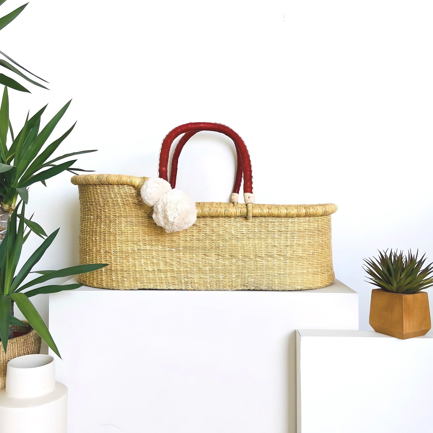 Natural African Moses Basket Cognac + Cream Handle