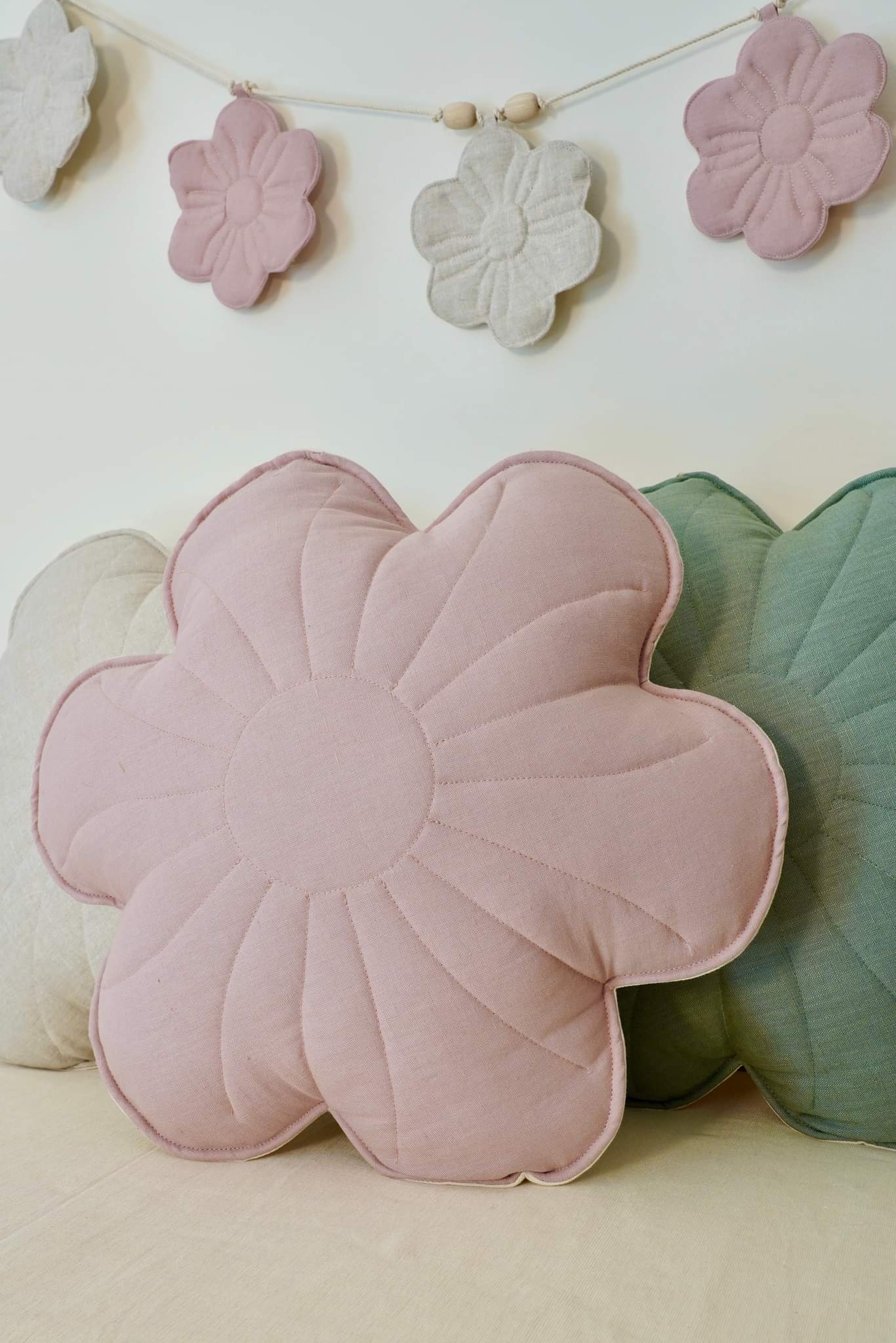 Linen Powder Rose Flower Pillow