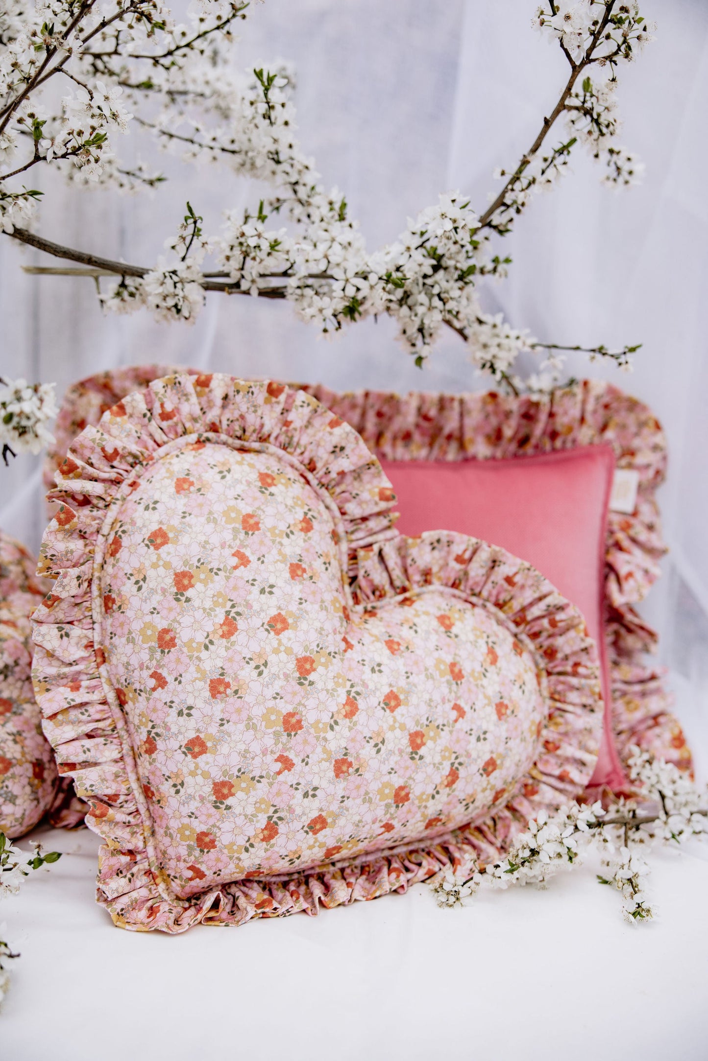 "Spring Garden" Heart Pillow with Checkered Frill