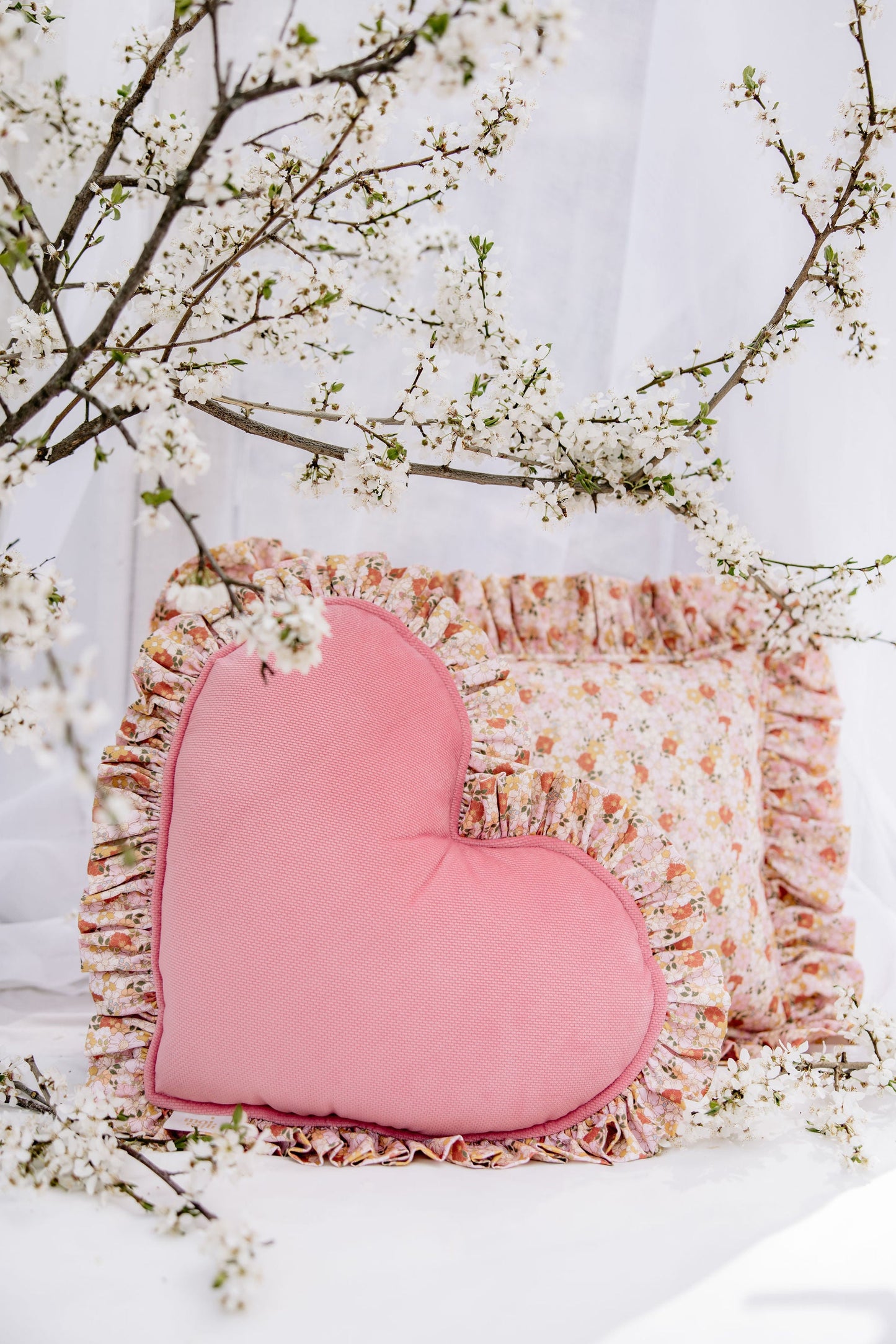 "Spring Garden" Heart Pillow with Checkered Frill