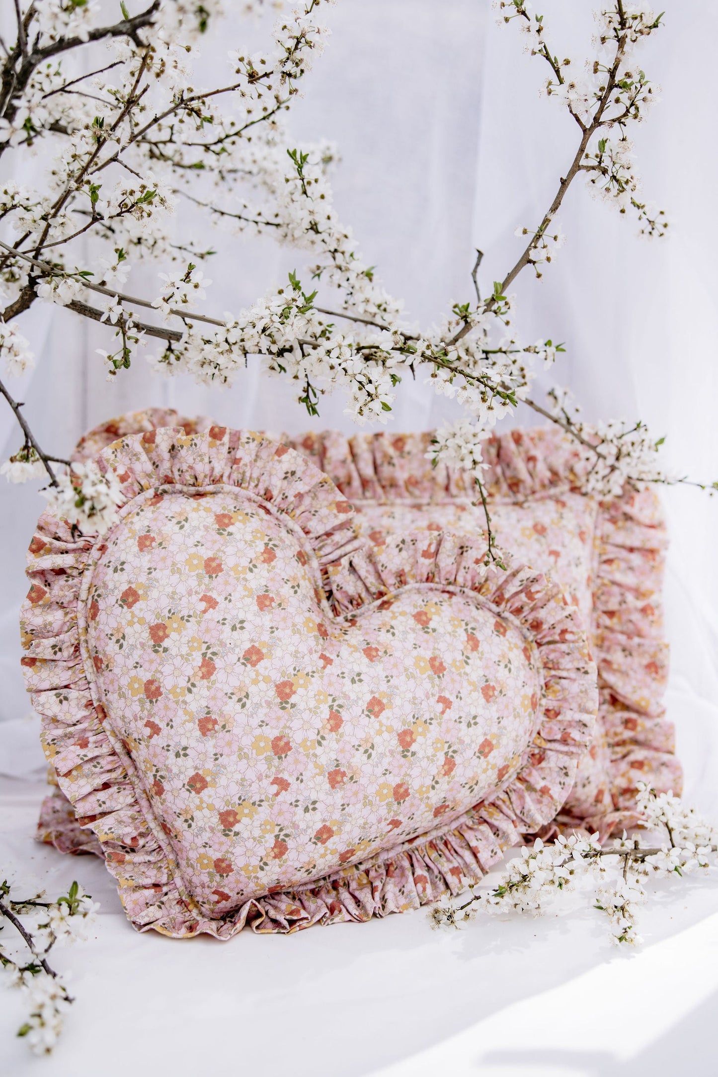 "Spring Garden" Heart Pillow with Checkered Frill