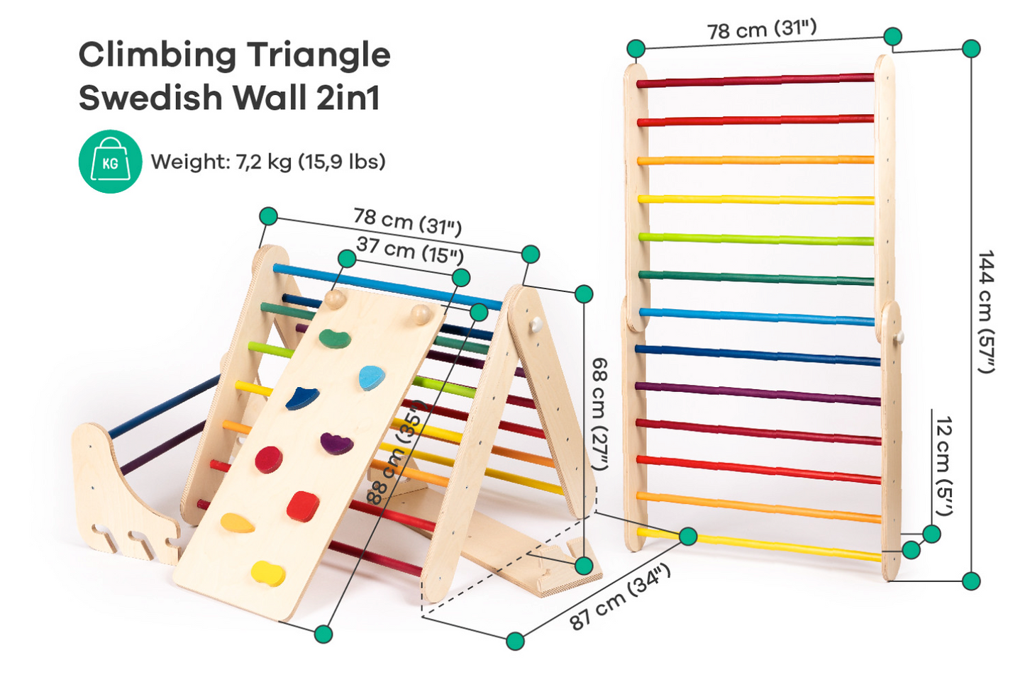 Swedish Wall and Triangle Climber Set 2in1 WITH Ramp slide | Rainbow - Oliver Ruffus