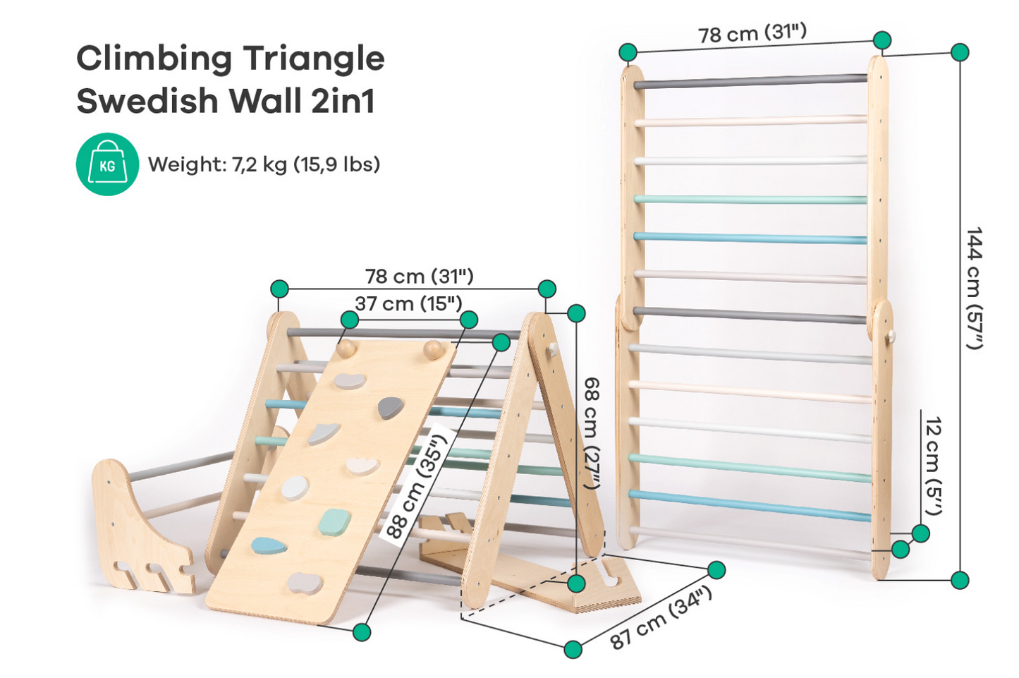 Swedish Wall and Triangle Climber Set 2in1 WITH Ramp slide | Pastel - Oliver Ruffus