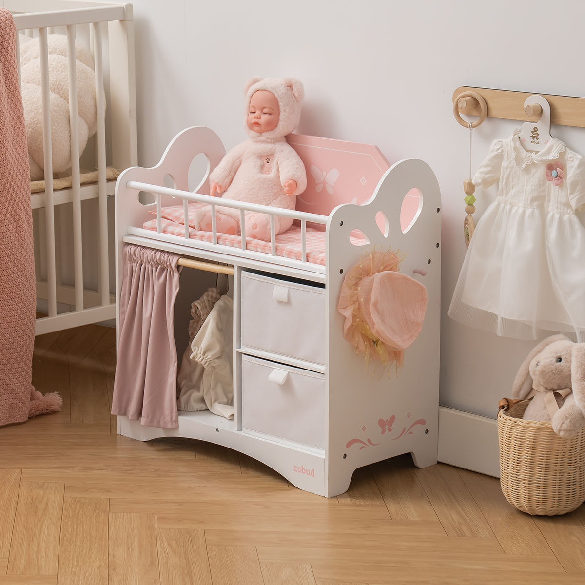 Wooden Baby Doll Crib for Kids | Pink