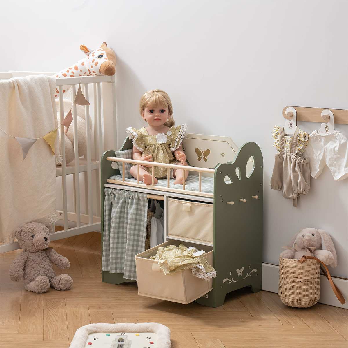 Wooden Baby Doll Crib for Kids | Green