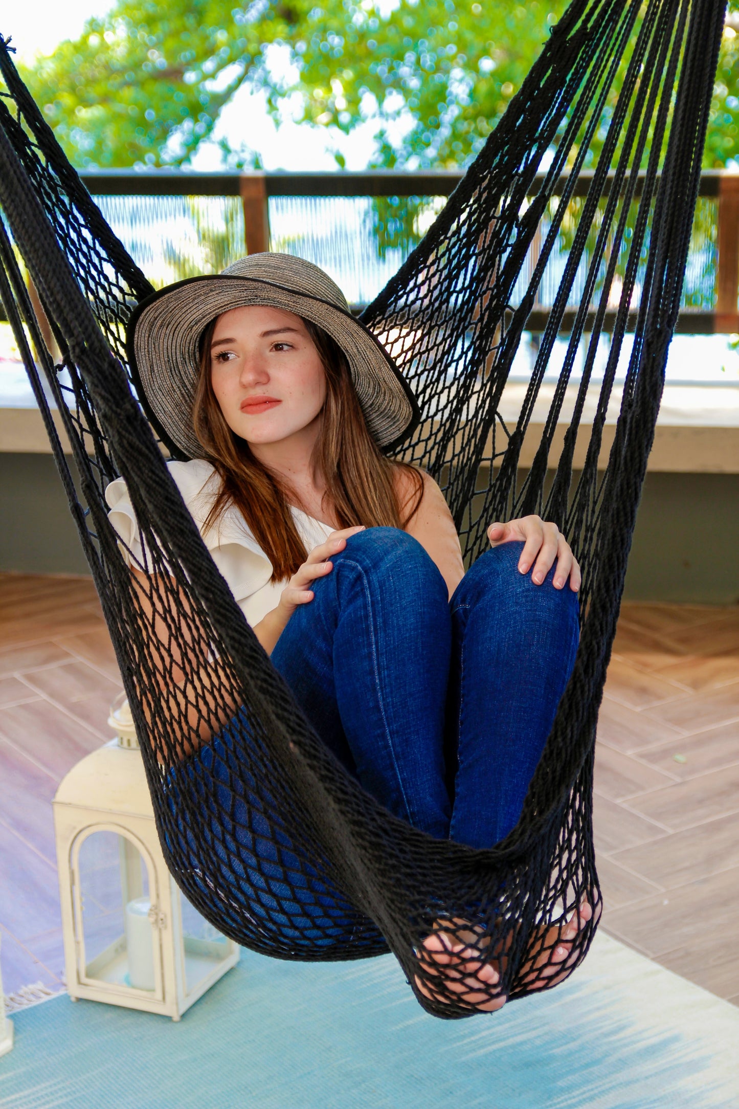 Black Woven Macrame Hammock Chair with tassels | DIANA