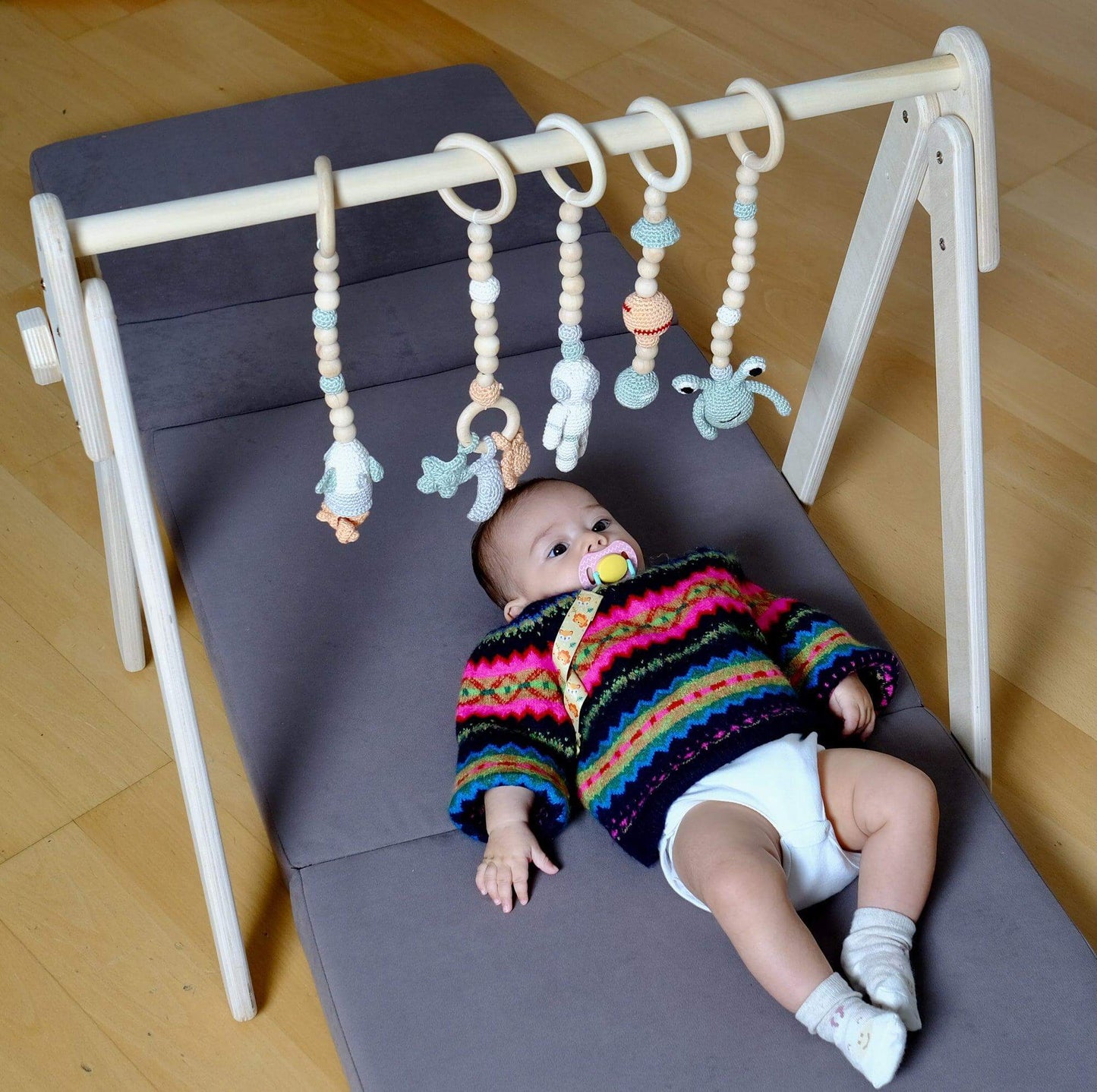 Montessori Baby Gym & Hanging Toys Set | Wooden Play Gym for Babies