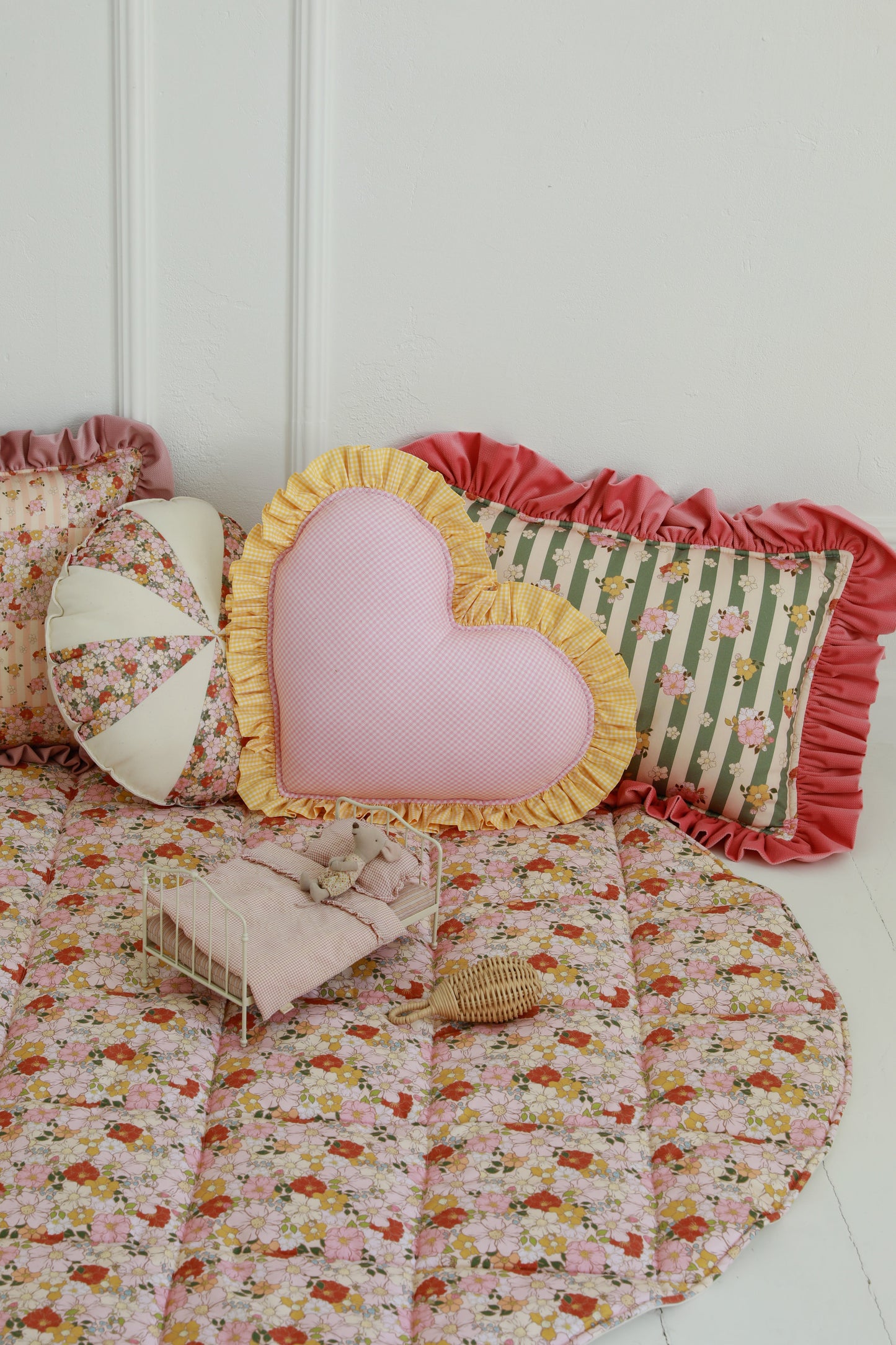 "Fall Garden" Heart Pillow with Checkered Frill