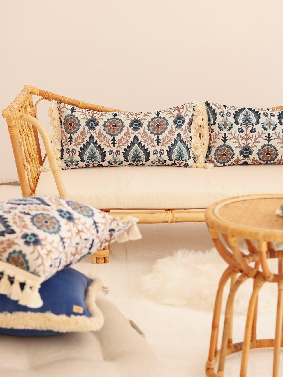 Blue Iris in Istanbul Bolster Pillow with Fringe
