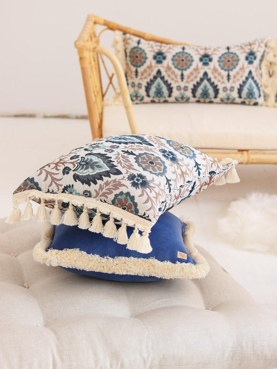 Blue Iris in Istanbul Bolster Pillow with Fringe