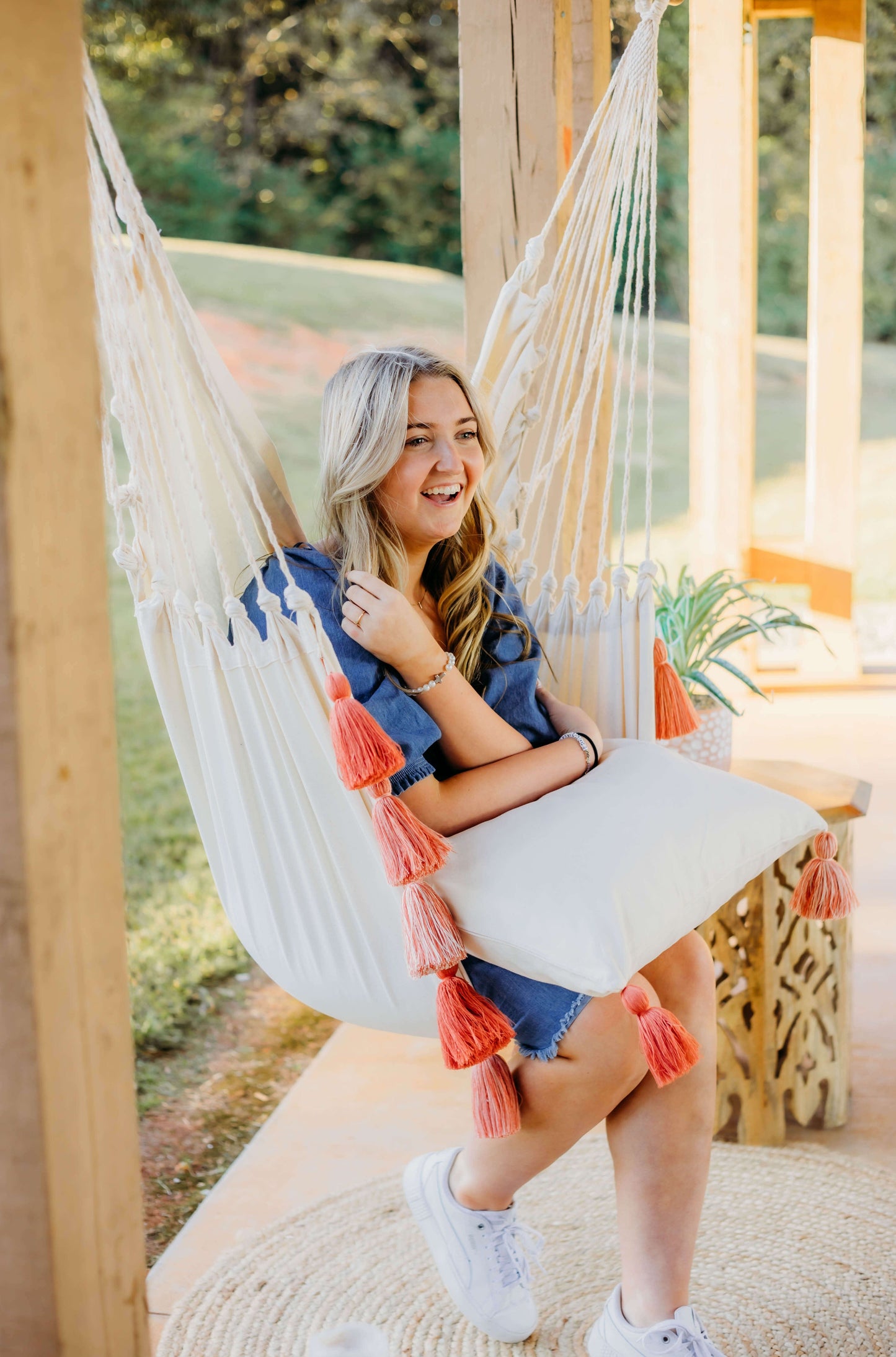 Boho Hanging Hammock Chair Swing with Tassels | LILY PINK