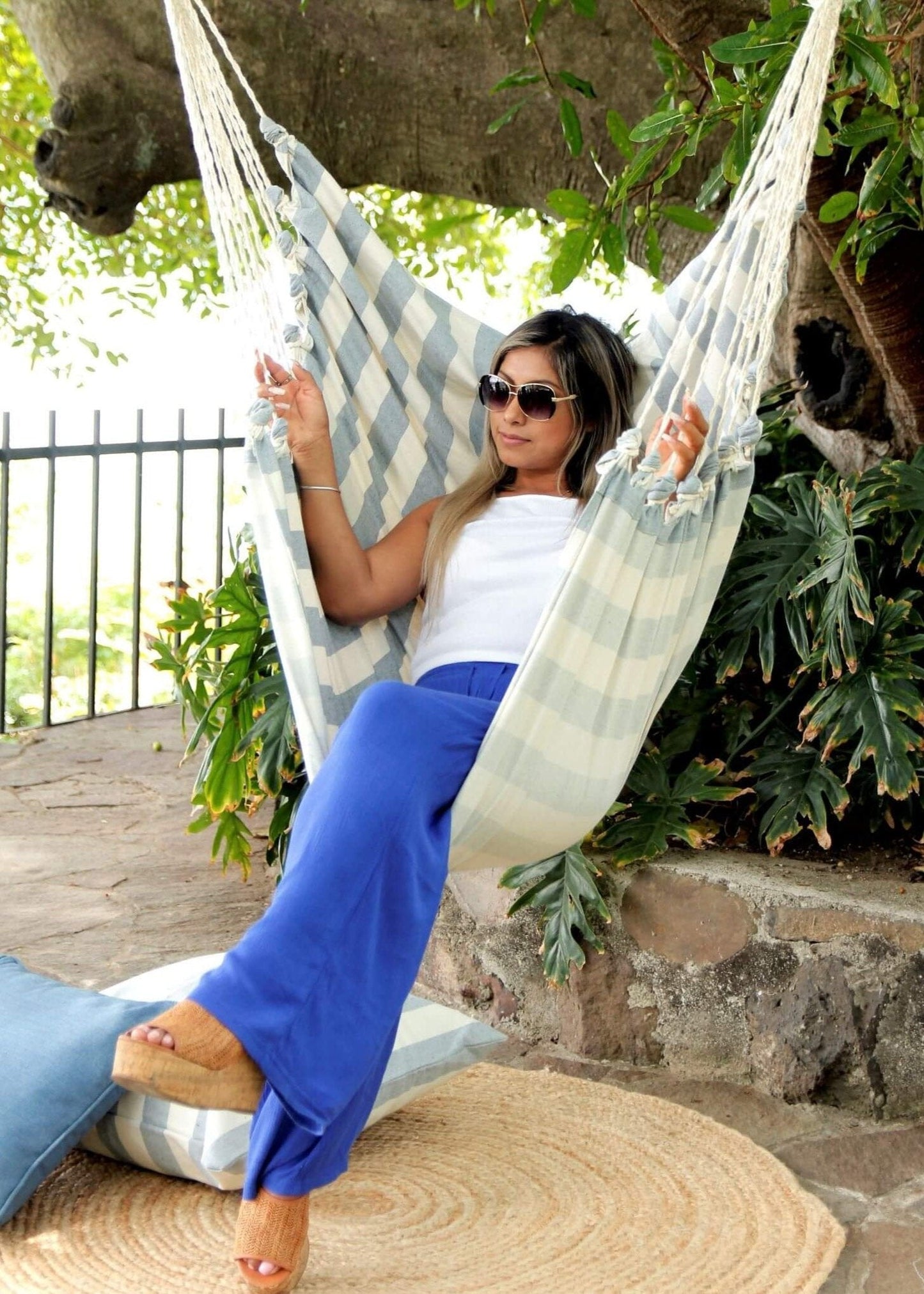 Coastal White and Blue Hanging Chair Hammock | CABANA