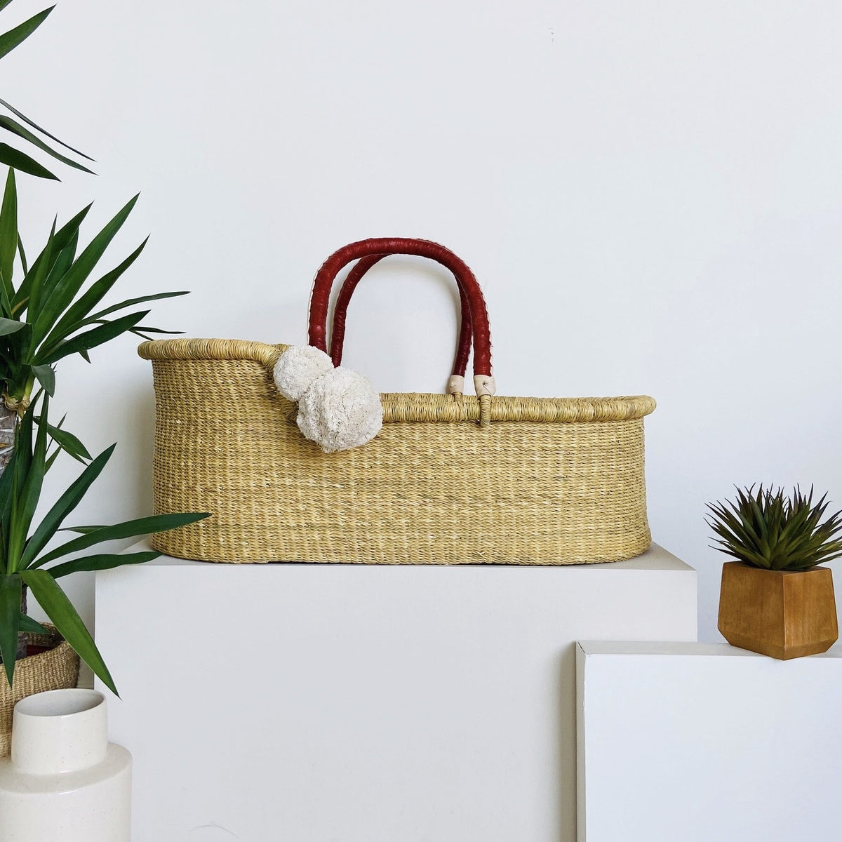 Natural African Moses Basket Cognac + Cream Handle