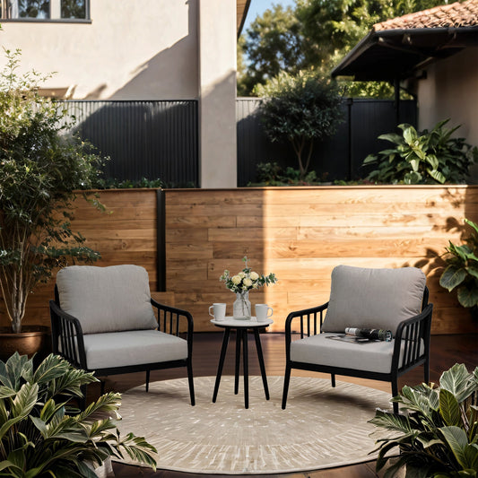 3-Piece Modern Conversation Set: Aluminum Patio Club Chairs with Plush Cushions & Marble-Look Side Table