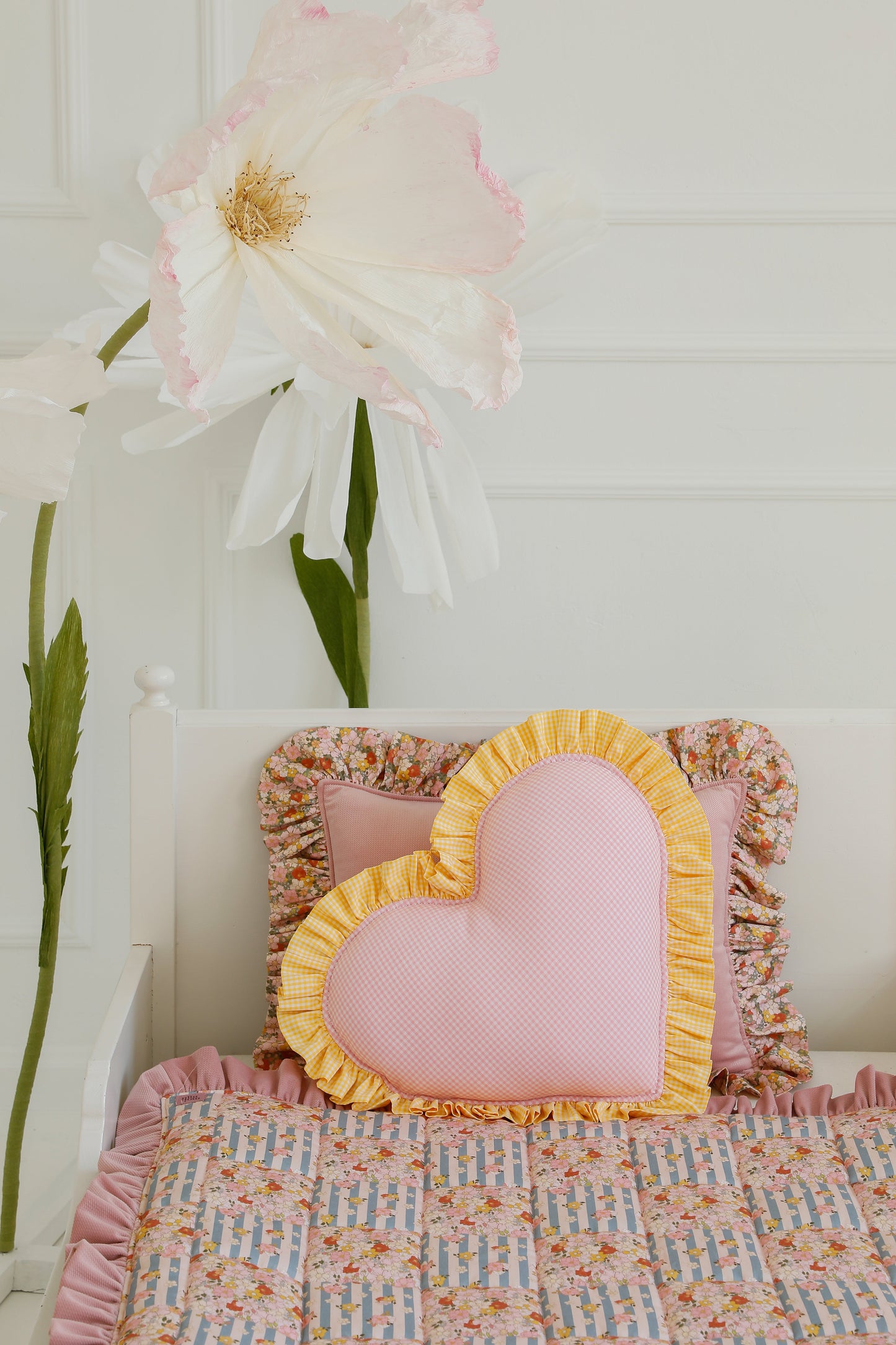 "Fall Garden" Heart Pillow with Checkered Frill