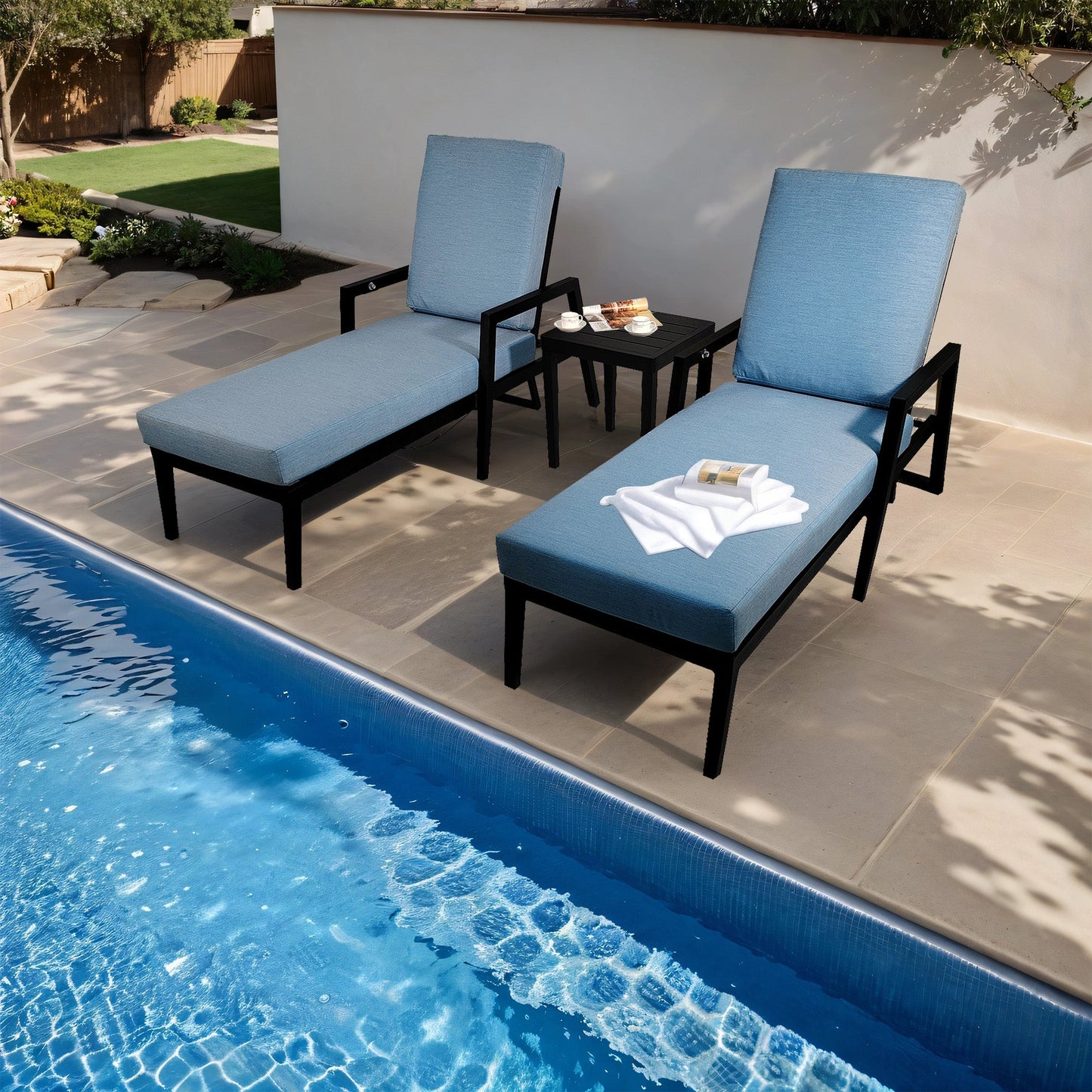 3-Piece Modern Patio Chaise Lounge Set with Plush Cushions, and Adjustable Backrests with Table