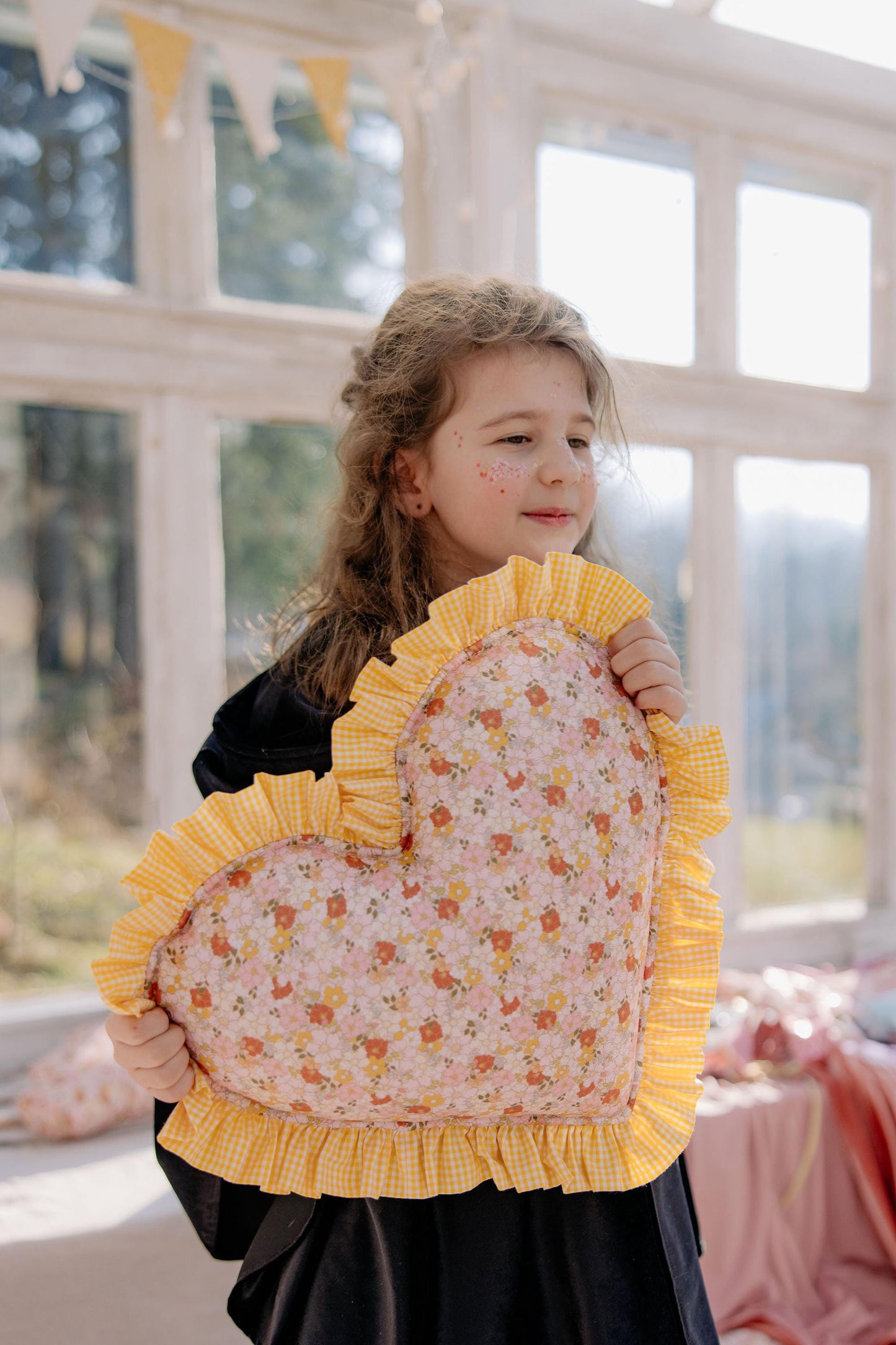 "Fall Garden" Heart Pillow with Checkered Frill