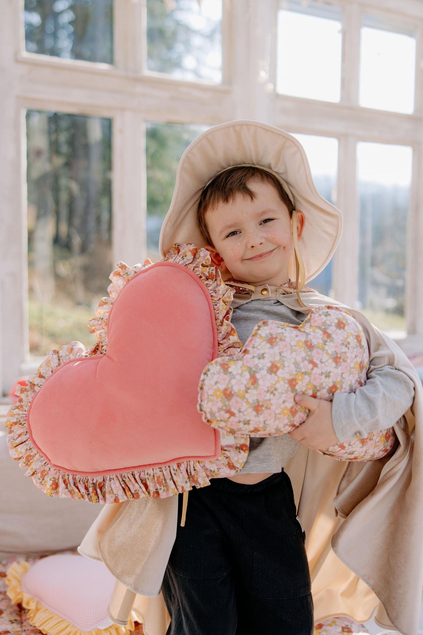 "Spring Garden" Heart Pillow with Checkered Frill