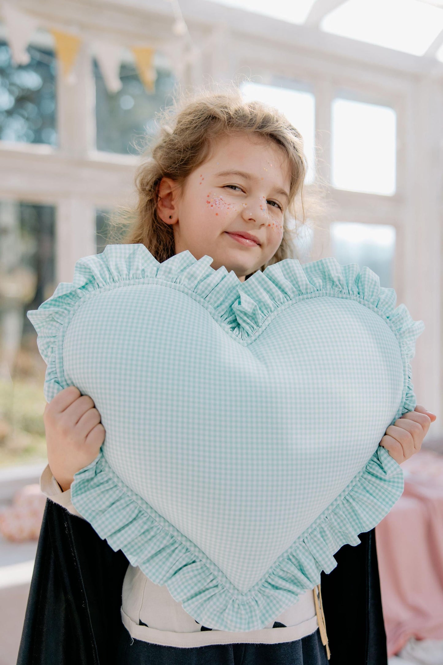 "Mint" Heart Pillow with Checkered Frill