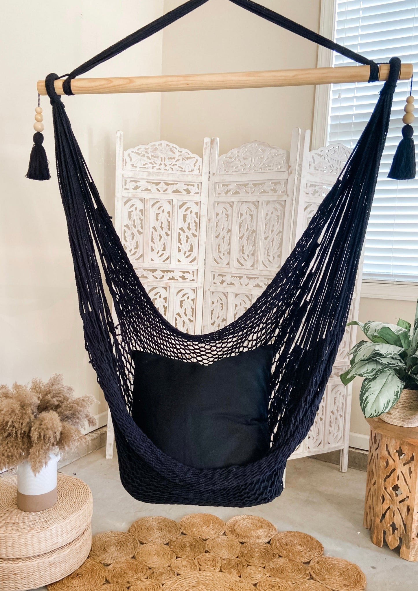 Black Woven Macrame Hammock Chair with tassels | DIANA