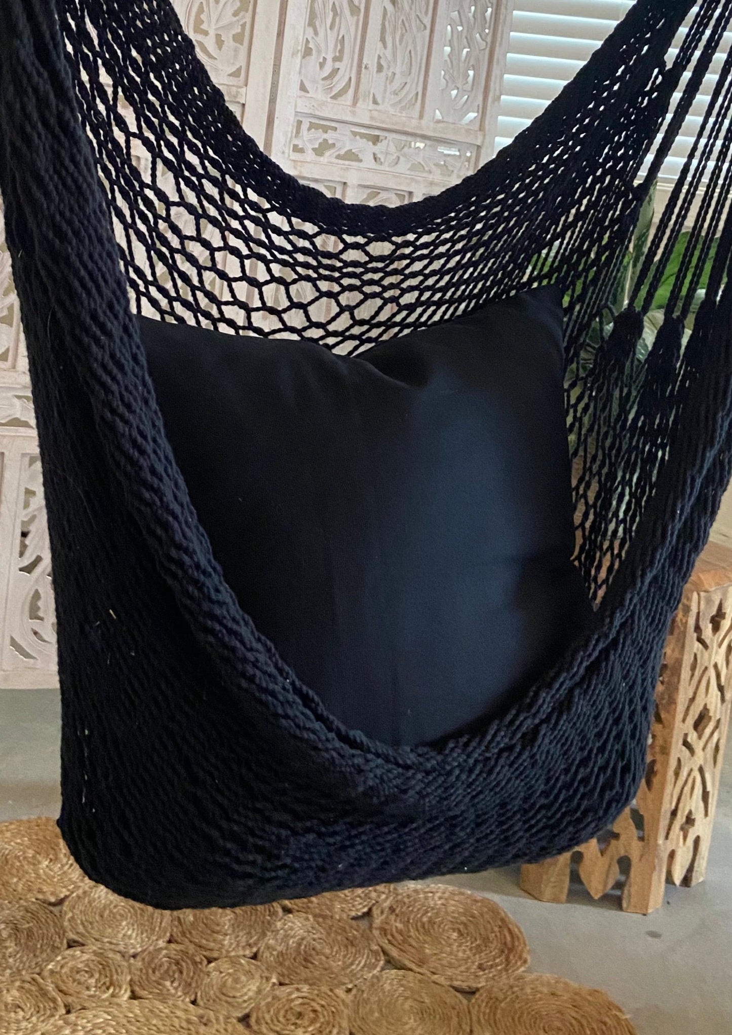 Black Woven Macrame Hammock Chair with tassels | DIANA