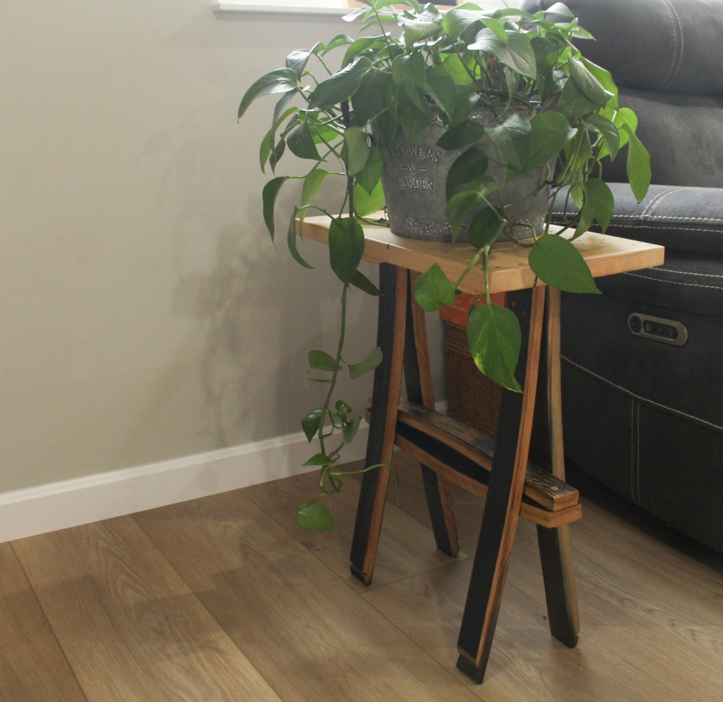 Rustic Wooden Plant Stand or End Table with Wormy Maple Top and Barrel Stave Legs